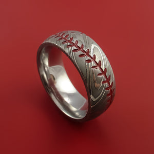 Damascus Steel Ring with Baseball Stitching and Cerakote Inlays Custom Made Band