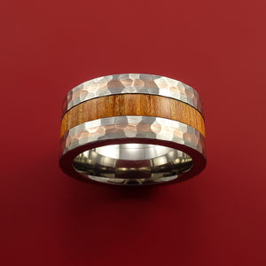 Hammered Titanium Ring with Hardwood and 14k Rose Gold Inlays Custom Made Band