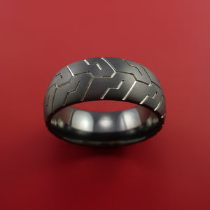 Black Zirconium Ring with Motorcycle Tire Tread Pattern Inlay Custom Made Band