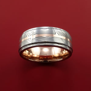 Damascus Steel Ring with  Inlay and Interior 14k Rose Gold Sleeve Custom Made Band