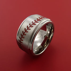 Wide Titanium Ring with Baseball Stitching and Cerakote Inlays Custom Made Band