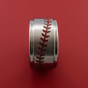 Wide Titanium Ring with Baseball Stitching and Cerakote Inlays Custom Made Band