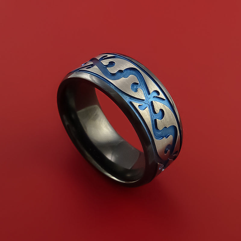 Black Zirconium Ring with Milled Celtic Design and Anodized Inlays Custom Made Band