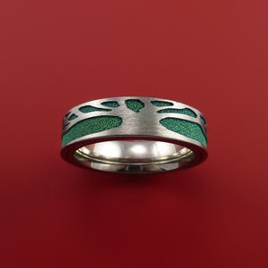 Titanium Spinner Ring with Two-Tree Laser-Etched Pattern and Anodized Inlays Custom Made Band