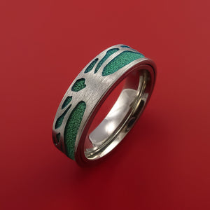 Titanium Spinner Ring with Two-Tree Laser-Etched Pattern and Anodized Inlays Custom Made Band