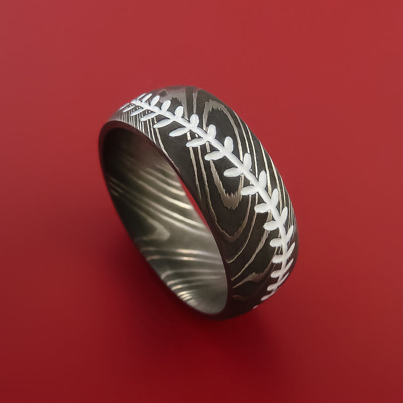 Damascus Steel Ring with Baseball Stitching and Cerakote Inlays Custom ...