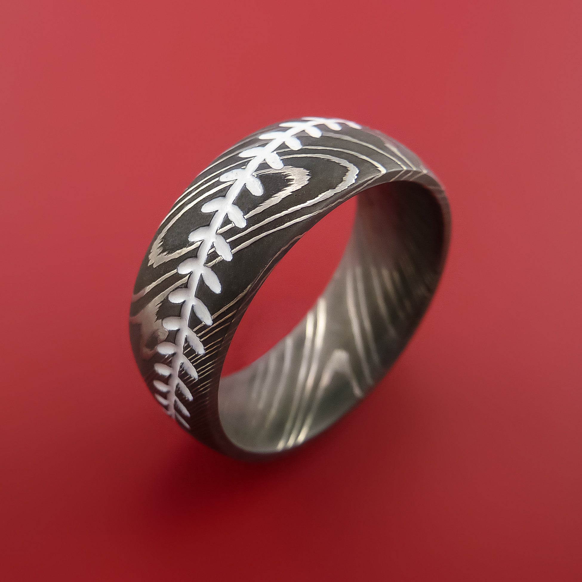 Damascus Steel Ring with Baseball Stitching and Cerakote Inlays Custom ...