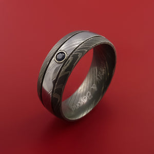 Damascus Steel Ring with Groove Inlay and Blue Sapphire Custom Made Band