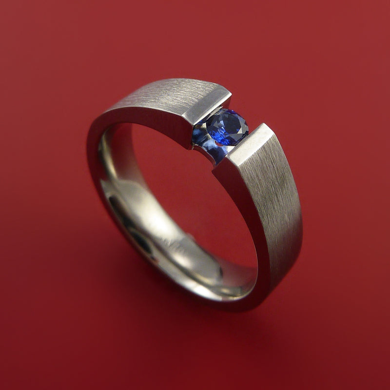 Titanium Ring Tension Set Band with Round Blue Sapphire Stone