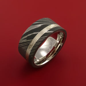 Wide Damascus Steel Ring with Palladium and Sterling Silver Mokume Gane Inlay and Interior 14k White Gold Sleeve Custom Made Band