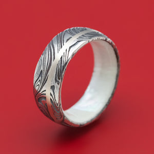 Marble Damascus Steel Ring with White Mother of Pearl Sleeve and Gold Inlay Custom Made Band
