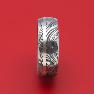 Marble Damascus Steel Ring with White Mother of Pearl Sleeve and Gold Inlay Custom Made Band
