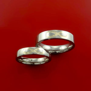 Yellow Gold Infinity Symbol and Titanium Matching Rings Wedding Band Set Sizes 3-22