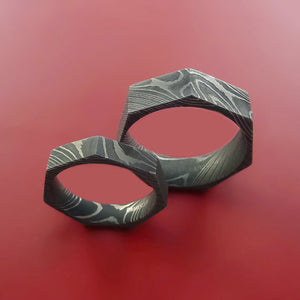 Damascus Steel Ring Heptagon Shape Acid Waive Pattern Wedding Band Set