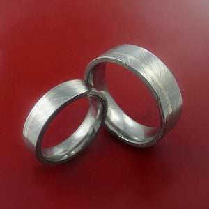 Matching Set 14k White Gold Damascus Steel Ring Wedding Bands