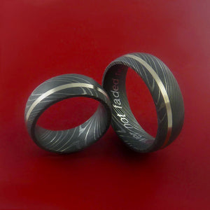 Matching Set 14k White Gold Damascus Steel Ring Wedding Bands