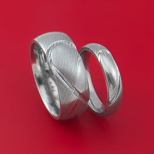 Matching Damascus Steel Heart Carved Ring Set Wedding Bands Genuine Craftsmanship