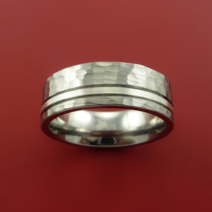 Cobalt Chrome Wide Ring Classic Style with Hammer Finish and Silver Inlay Wedding Band Any Size 3-22