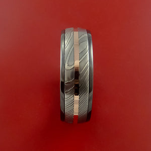 Black Zirconium Ring with Damascus Steel and 14k Rose Gold Inlays Custom Made Band
