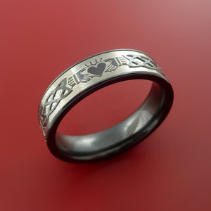 Black Zirconium Ring with Claddagh Milled Celtic Design Inlay Custom Made Band