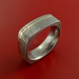 Damascus Steel Square Band Off Center 14K Yellow Gold Inlay Pattern Ring