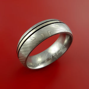 Damascus Steel Ring with 14K White Gold and Black Antiqued Groove Inlays Custom Made Band