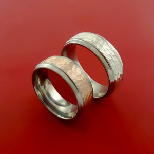 Titanium Ring Set Style with Hammered 14k Rose Gold and 14K White Gold Inlay Wedding Bands Any Size