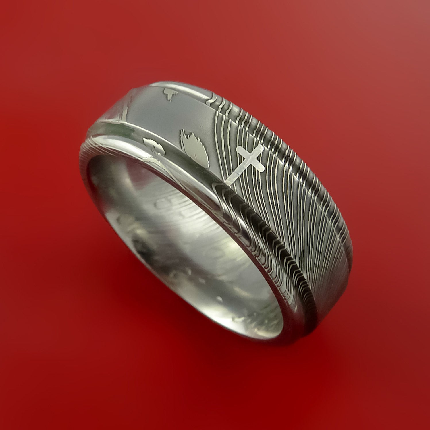 Damascus Steel Ring with Platinum Cross Inlay Custom Made Men's