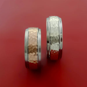 Titanium Ring Set Style with Hammered 14k Rose Gold and 14K White Gold Inlay Wedding Bands Any Size