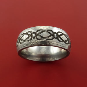 Damascus Steel Ring with Milled Celtic Design and Cerakote Inlays Custom Made Band