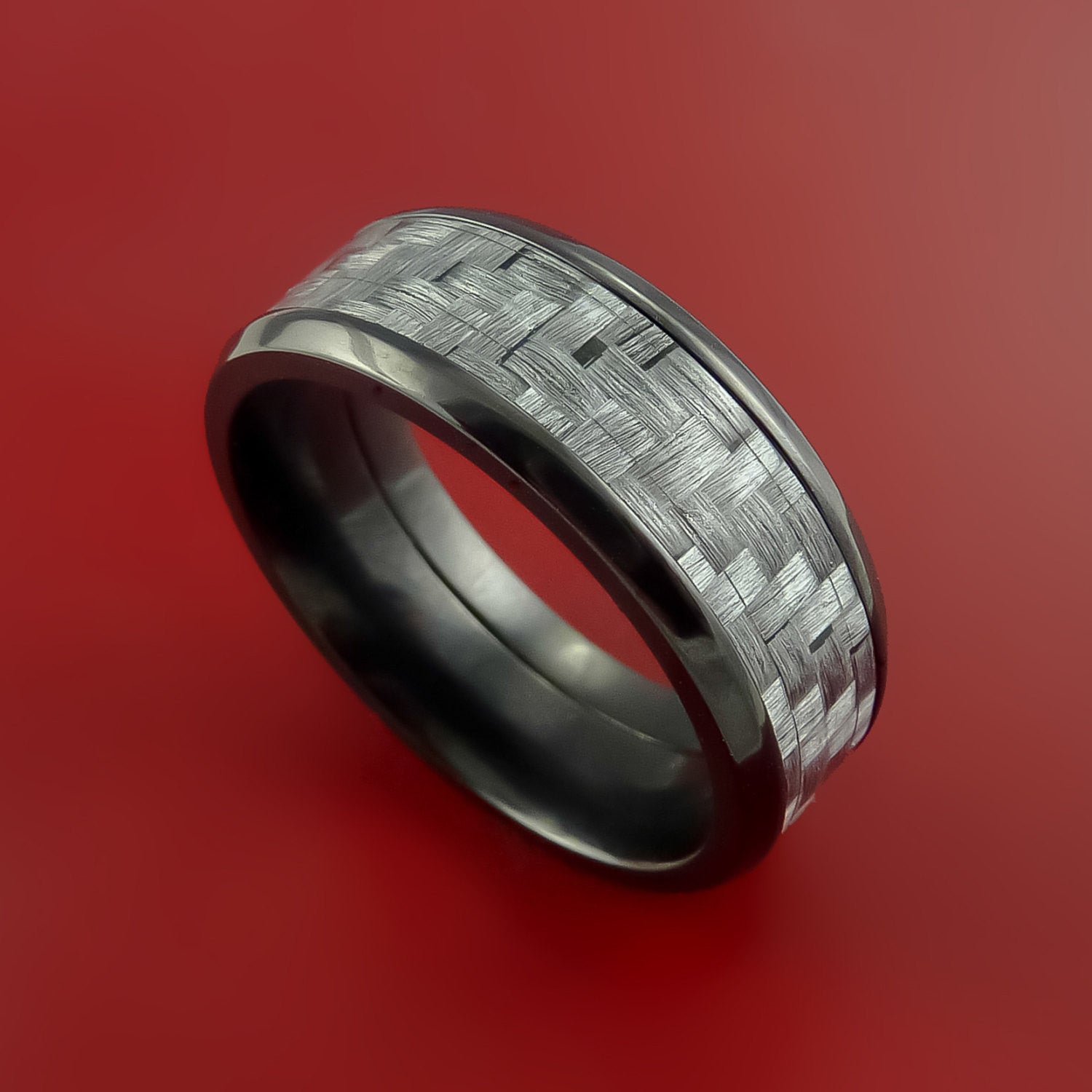 Black Zirconium Ring with Silver Carbon Fiber Inlay Custom Made