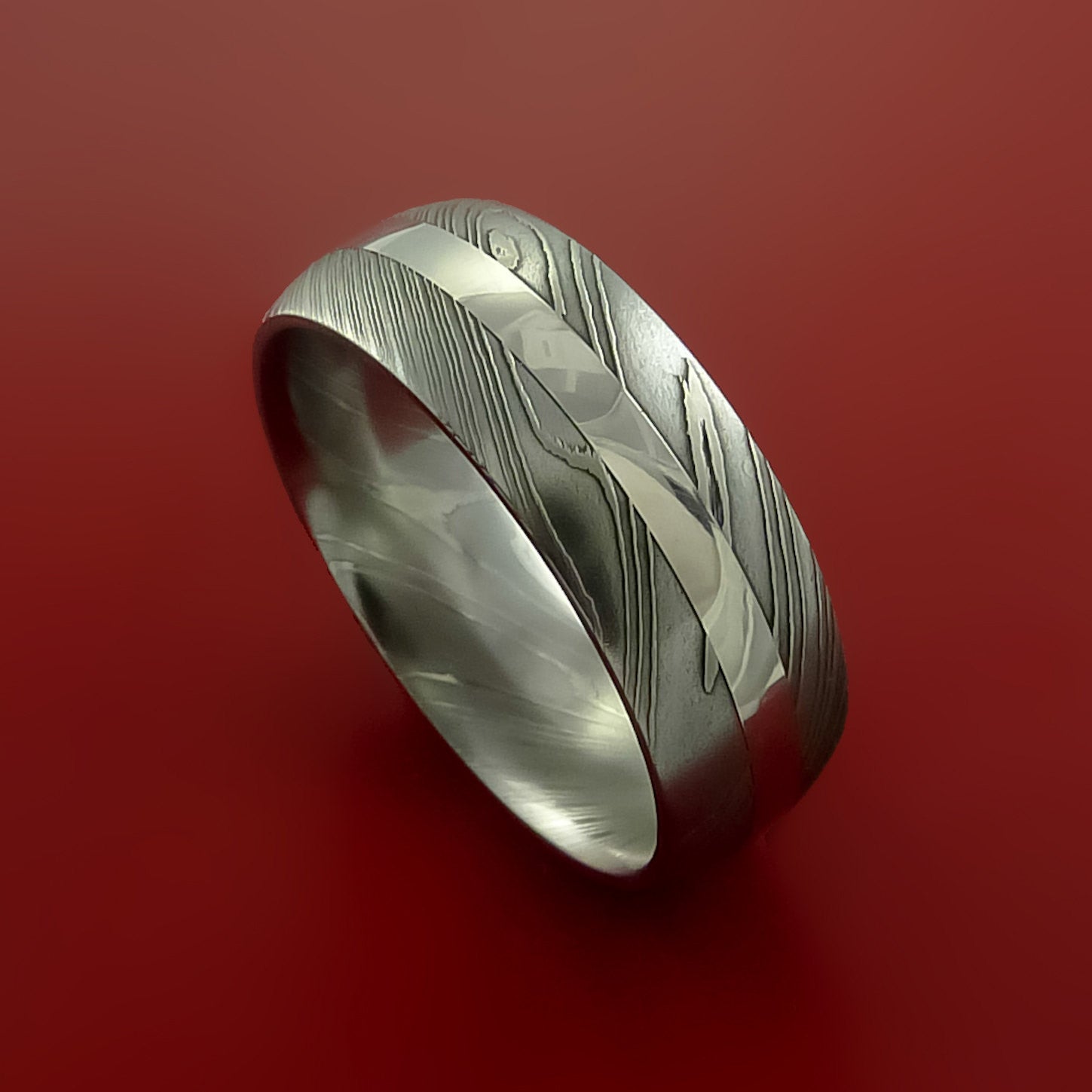 Damascus Steel Ring with Platinum Inlay Custom Made Men's Wedding