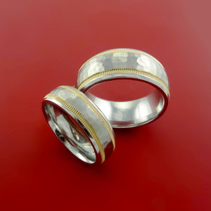 Cobalt Chrome and 14K Yellow Gold Wedding Set Rings Hammer Finish Engagement Bands