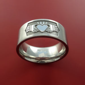 Cobalt Chrome Celtic Irish Claddagh Ring Hands Clasping a Heart Band Carved