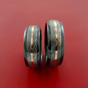 Black Zirconium and Damascus Steel Matching Ring Set 14K Rose Gold Bands Custom Made