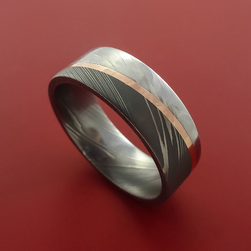 14K Gold Damascus Ring Mens Wedding Band Silver Damascus Steel Rings for Men with Gold Inlay 7.5