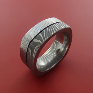 Flat Twist Damascus Steel Ring with Groove Inlay Custom Made Band