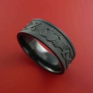 Black Zirconium Ring with Claddagh Milled Celtic Design Inlay Custom Made Band