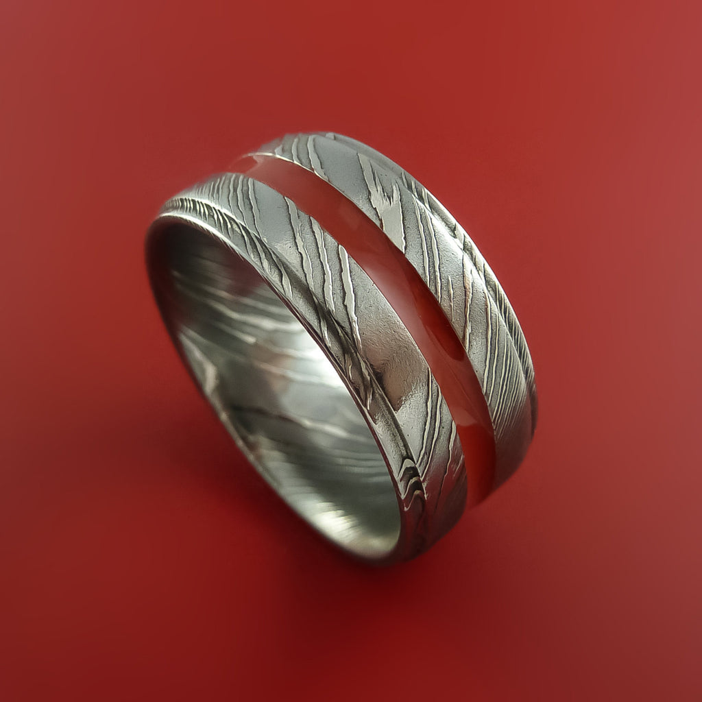 Wide Damascus Steel Ring with Cerakote Inlay Custom Made Band