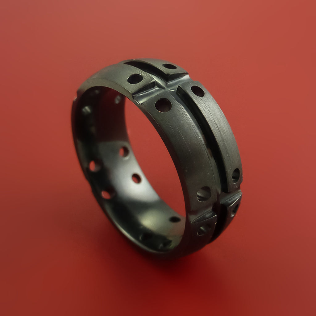Black Zirconium Ring with Industrial Segmented Groove Inlay Custom Made Band