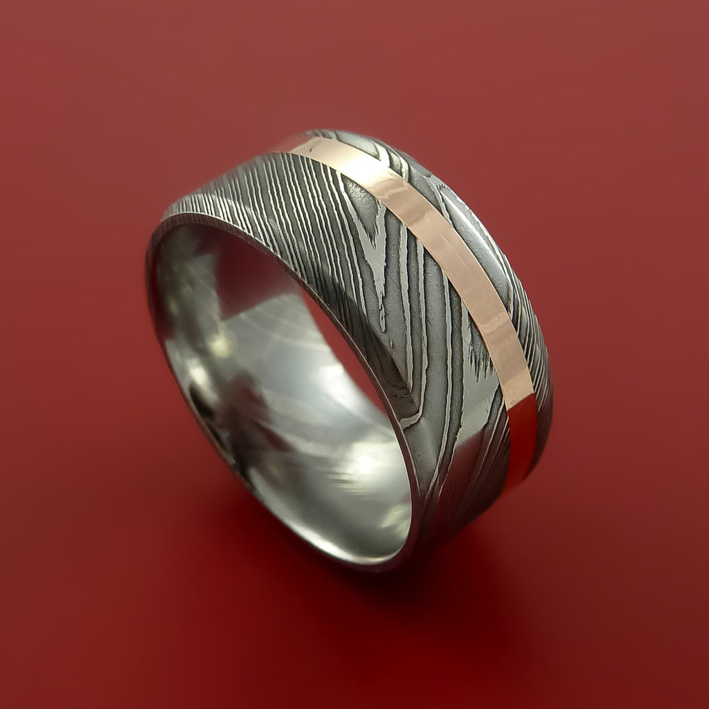 Wide Damascus Steel Ring with  Inlay Custom Made Band
