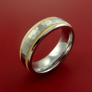 Cobalt Chrome and 14K Yellow Gold Wedding Band Hammer Finish Engagement Ring Made to Any Sizing 3-22