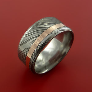 Wide Damascus Steel Ring with  Inlay Custom Made Band