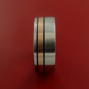 Cobalt Chrome Ring with 14k Rose Gold and Black Antiqued Groove Inlays Custom Made Band