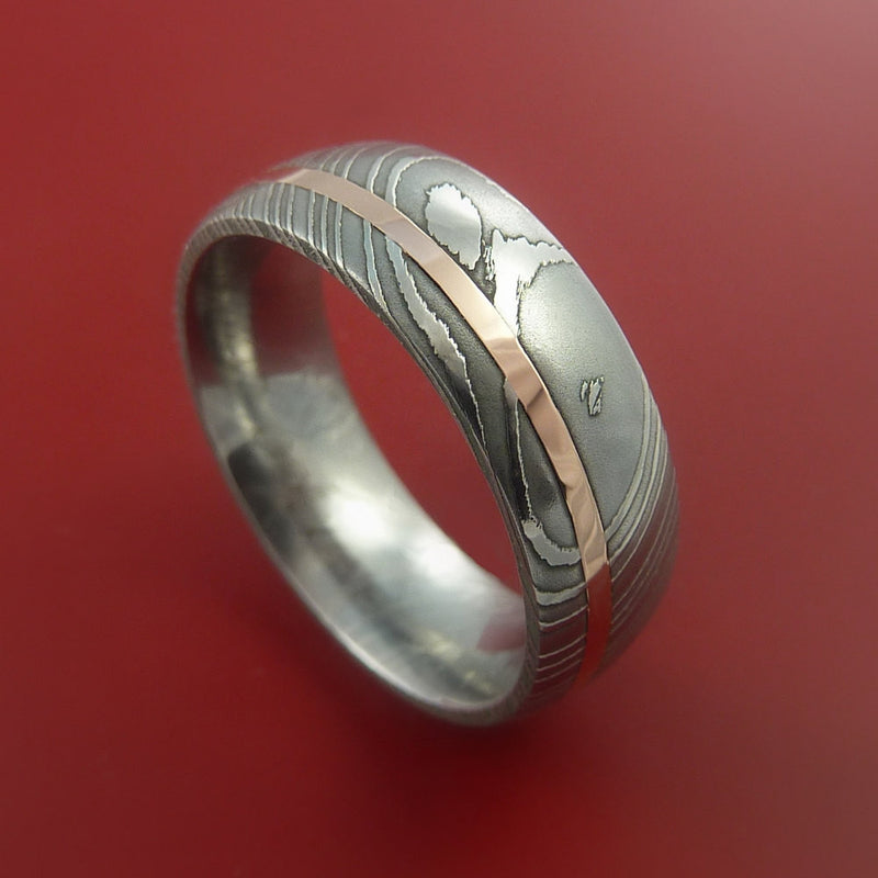 Damascus Steel Ring with 14k Rose Gold Inlay Custom Made Band
