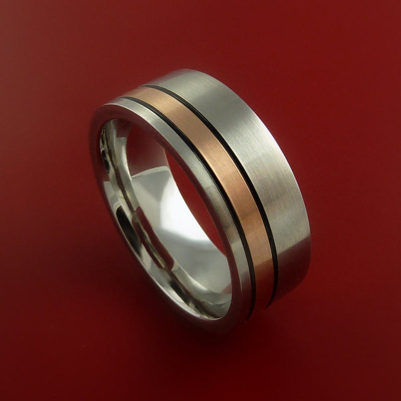 Cobalt Chrome Ring with 14k Rose Gold and Black Antiqued Groove Inlays Custom Made Band