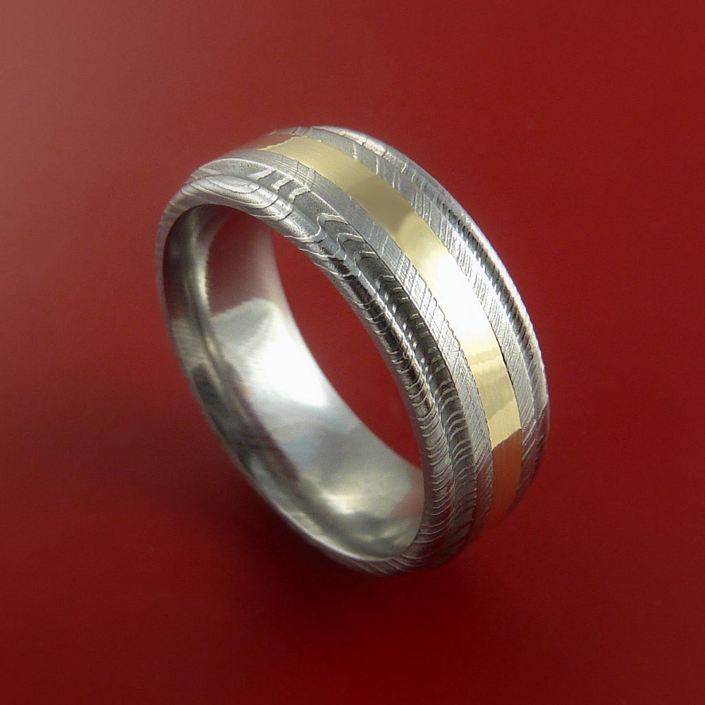 Damascus Steel 14K Yellow Gold Ring Wedding Band Genuine Craftsmanship