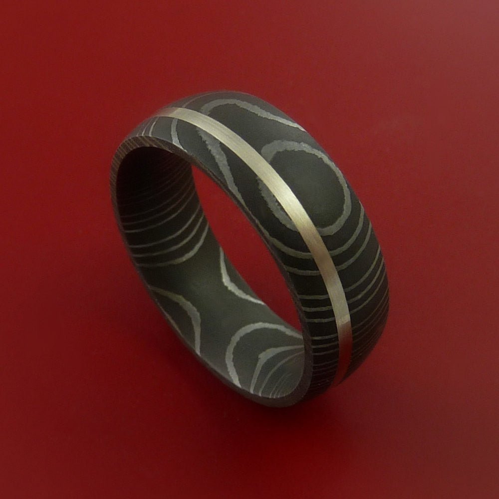 Damascus Steel Ring with  Inlay Custom Made Band