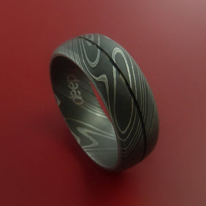 Damascus Steel Ring with Groove Inlay Custom Made Band