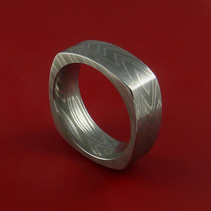 Damascus Steel Square Band Zebra Pattern Ring Genuine Craftsmanship